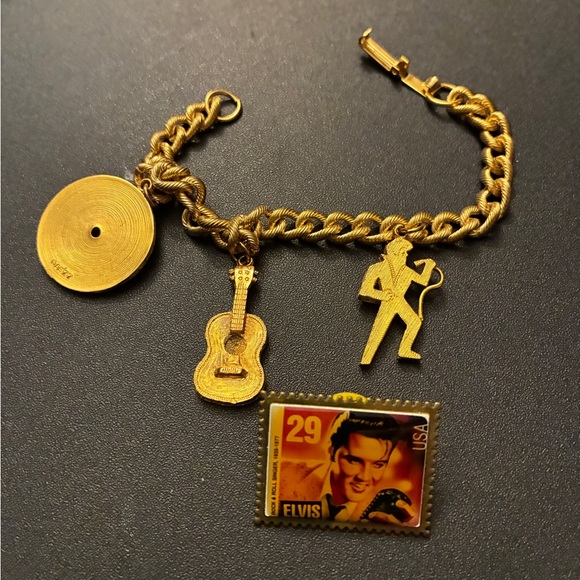 Elvis Presley Jewelry - Gold Charm Bracelet with Guitar and Elvis Stamp